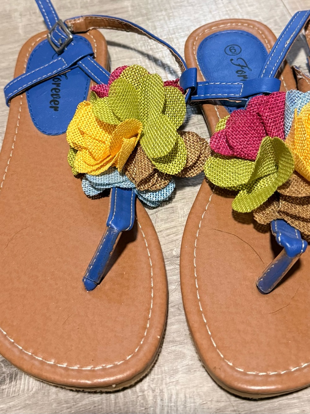 Blue Floral T-Strap Sandals with Multicolor Fabric Flowers